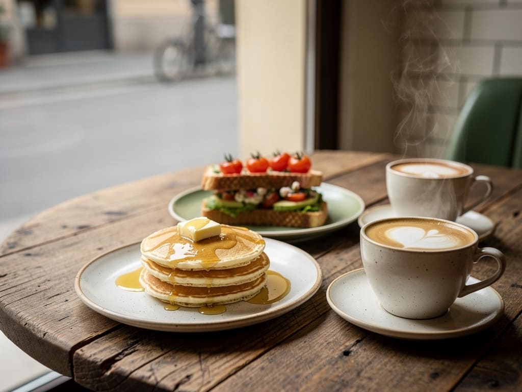 Tavolo da brunch con uova, pancake, toast gourmet e caffè di specialità