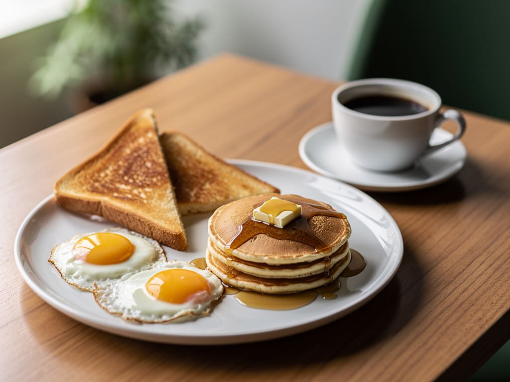 Piatto brunch con uova, toast, pancake e caffè